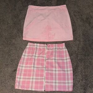 Pink Plaid and Solid Skirt Set